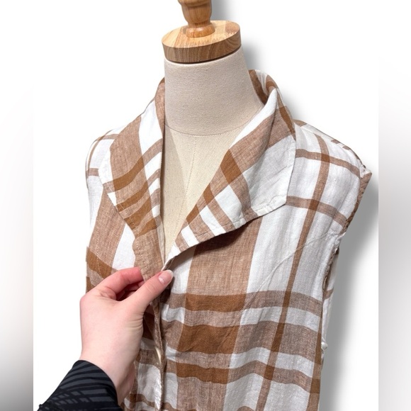 Flax Brown White Plaid 100% Linen Lagenlook Tunic Vest Size Medium - Picture 4 of 6